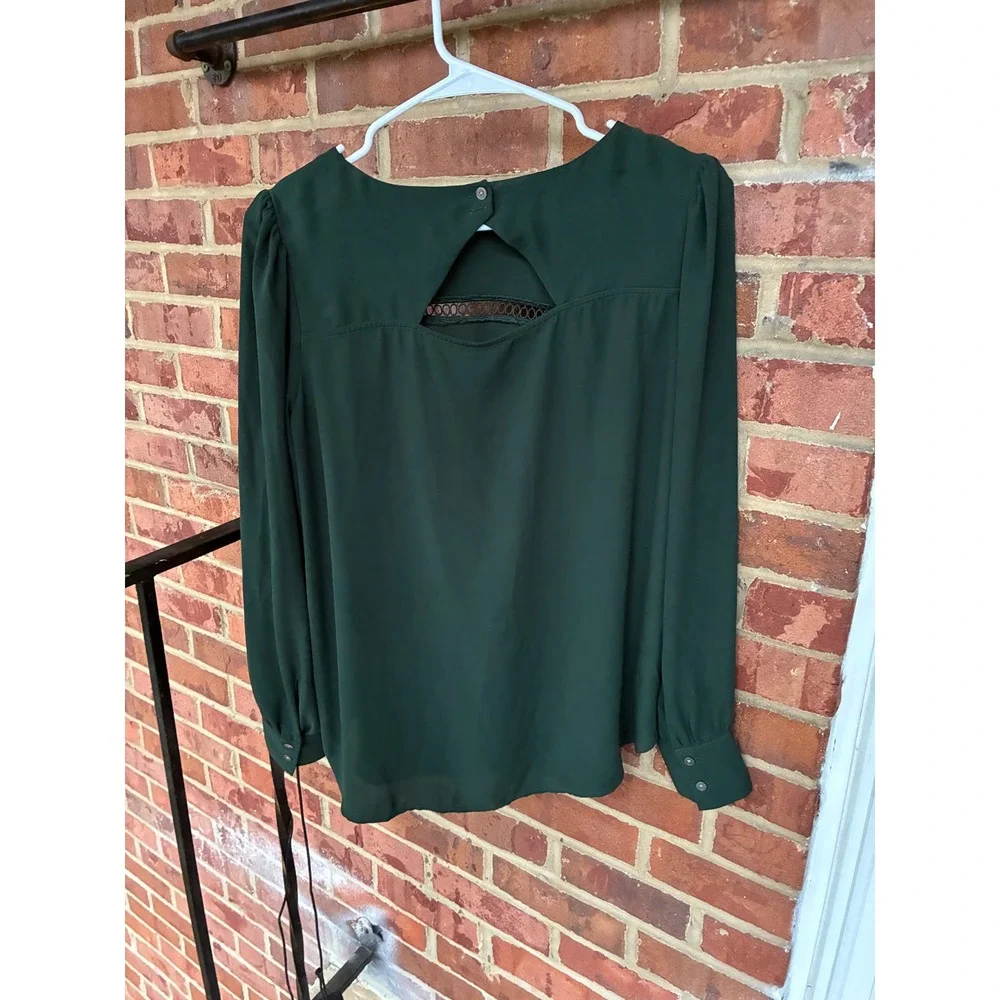 LOFT Womens Forest Green Ladder Lace Trim Keyhole Back Long Sleeve Blouse Top S
